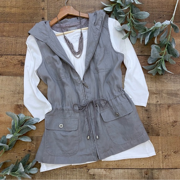 Jackets & Blazers - Linen Vest, Zip Up, Gathered Waist, Hooded in Gray Eyelet